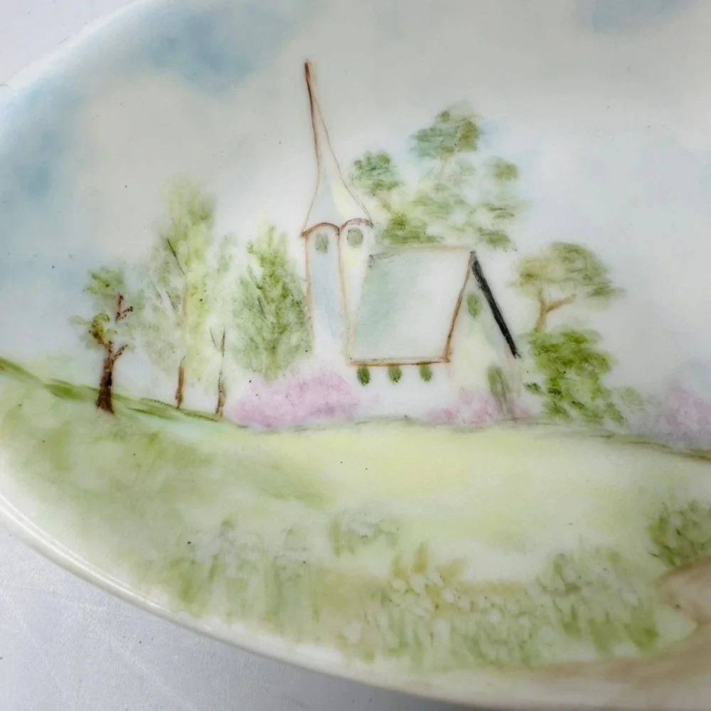 Hand Painted Oval Dish Ellen Wagner Signed Village Church Landscape Porcelain